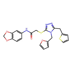 N-(1,3-benzodioxol-5-yl)-2-[[4-(furan-2-ylmethyl)-5-(thiophen-2-ylmethyl)-1,2,4-triazol-3-yl]sulfanyl]acetamide structure