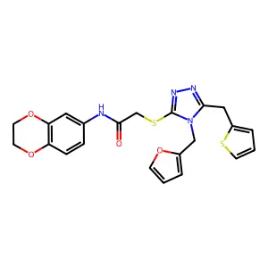 N-(2,3-dihydro-1,4-benzodioxin-6-yl)-2-[[4-(furan-2-ylmethyl)-5-(thiophen-2-ylmethyl)-1,2,4-triazol-3-yl]sulfanyl]acetamide structure