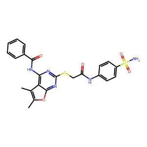 N-[5,6-DIMETHYL-2-({[(4-SULFAMOYLPHENYL)CARBAMOYL]METHYL}SULFANYL)FURO[2,3-D]PYRIMIDIN-4-YL]BENZAMIDE structure