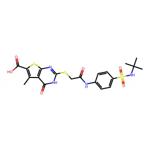 2-((2-((4-(N-(tert-butyl)sulfamoyl)phenyl)amino)-2-oxoethyl)thio)-5-methyl-4-oxo-3,4-dihydrothieno[2,3-d]pyrimidine-6-carboxylic acid structure