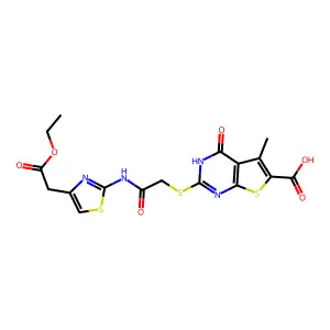 2-((2-((4-(2-ethoxy-2-oxoethyl)thiazol-2-yl)amino)-2-oxoethyl)thio)-5-methyl-4-oxo-3,4-dihydrothieno[2,3-d]pyrimidine-6-carboxylic acid structure