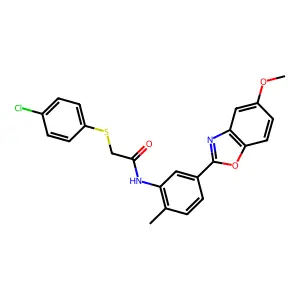 2-(4-chlorophenyl)sulfanyl-N-[5-(5-methoxy-1,3-benzoxazol-2-yl)-2-methylphenyl]acetamide structure