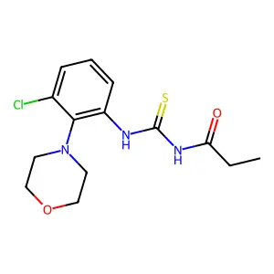 N-[(3-chloro-2-morpholin-4-ylphenyl)carbamothioyl]propanamide structure
