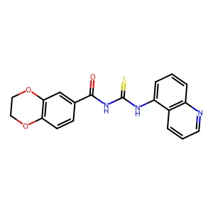 N-(quinolin-5-ylcarbamothioyl)-2,3-dihydro-1,4-benzodioxine-6-carboxamide structure