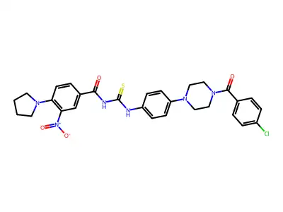 N-[(4-{4-[(4-chlorophenyl)carbonyl]piperazin-1-yl}phenyl)carbamothioyl]-3-nitro-4-(pyrrolidin-1-yl)benzamide structure