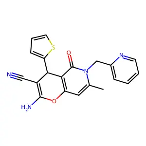 2-amino-7-methyl-5-oxo-6-(pyridin-2-ylmethyl)-4-(thiophen-2-yl)-5,6-dihydro-4H-pyrano[3,2-c]pyridine-3-carbonitrile structure