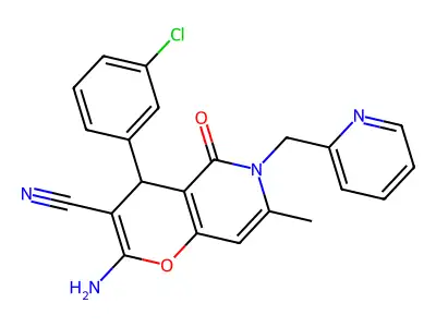 2-amino-4-(3-chlorophenyl)-7-methyl-5-oxo-6-(pyridin-2-ylmethyl)-5,6-dihydro-4H-pyrano[3,2-c]pyridine-3-carbonitrile structure