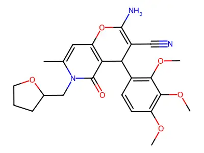 2-amino-7-methyl-5-oxo-6-((tetrahydrofuran-2-yl)methyl)-4-(2,3,4-trimethoxyphenyl)-5,6-dihydro-4H-pyrano[3,2-c]pyridine-3-carbonitrile structure