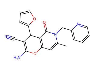 2-amino-4-(furan-2-yl)-7-methyl-5-oxo-6-(pyridin-2-ylmethyl)-5,6-dihydro-4H-pyrano[3,2-c]pyridine-3-carbonitrile structure