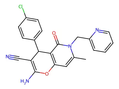 2-amino-4-(4-chlorophenyl)-7-methyl-5-oxo-6-(pyridin-2-ylmethyl)-5,6-dihydro-4H-pyrano[3,2-c]pyridine-3-carbonitrile structure