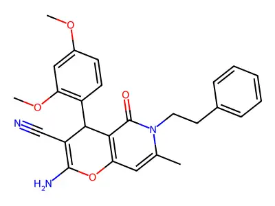 2-amino-4-(2,4-dimethoxyphenyl)-7-methyl-5-oxo-6-(2-phenylethyl)-5,6-dihydro-4H-pyrano[3,2-c]pyridine-3-carbonitrile structure