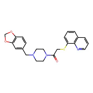 1-(4-(benzo[d][1,3]dioxol-5-ylmethyl)piperazin-1-yl)-2-(quinolin-8-ylthio)ethanone structure