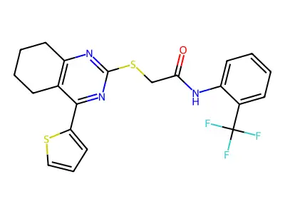 2-{[4-(thiophen-2-yl)-5,6,7,8-tetrahydroquinazolin-2-yl]sulfanyl}-N-[2-(trifluoromethyl)phenyl]acetamide structure