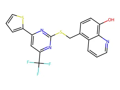 5-[[4-thiophen-2-yl-6-(trifluoromethyl)pyrimidin-2-yl]sulfanylmethyl]quinolin-8-ol structure