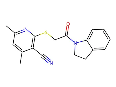 2-{[2-(2,3-dihydro-1H-indol-1-yl)-2-oxoethyl]sulfanyl}-4,6-dimethylpyridine-3-carbonitrile structure