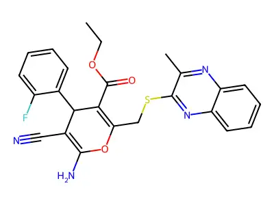 ethyl 6-amino-5-cyano-4-(2-fluorophenyl)-2-{[(3-methylquinoxalin-2-yl)sulfanyl]methyl}-4H-pyran-3-carboxylate structure
