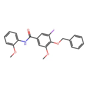 3-iodo-5-methoxy-N-(2-methoxyphenyl)-4-phenylmethoxybenzamide structure