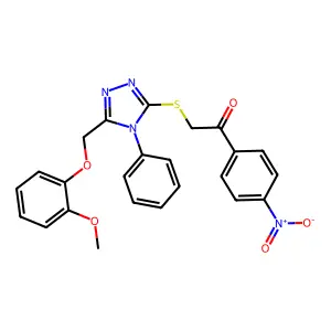 2-[[5-[(2-methoxyphenoxy)methyl]-4-phenyl-1,2,4-triazol-3-yl]sulfanyl]-1-(4-nitrophenyl)ethanone structure