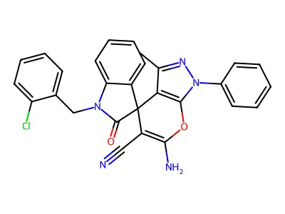 6'-amino-1-[(2-chlorophenyl)methyl]-3'-methyl-2-oxo-1'-phenylspiro[indole-3,4'-pyrano[2,3-c]pyrazole]-5'-carbonitrile structure