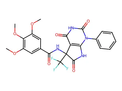 3,4,5-trimethoxy-N-[2,4,6-trioxo-1-phenyl-5-(trifluoromethyl)-7H-pyrrolo[2,3-d]pyrimidin-5-yl]benzamide structure
