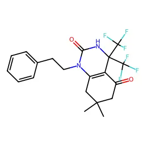 7,7-dimethyl-1-phenethyl-4,4-bis(trifluoromethyl)-6,8-dihydro-3H-quinazoline-2,5-dione structure