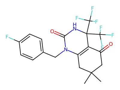 1-[(4-fluorophenyl)methyl]-7,7-dimethyl-4,4-bis(trifluoromethyl)-6,8-dihydro-3H-quinazoline-2,5-dione structure