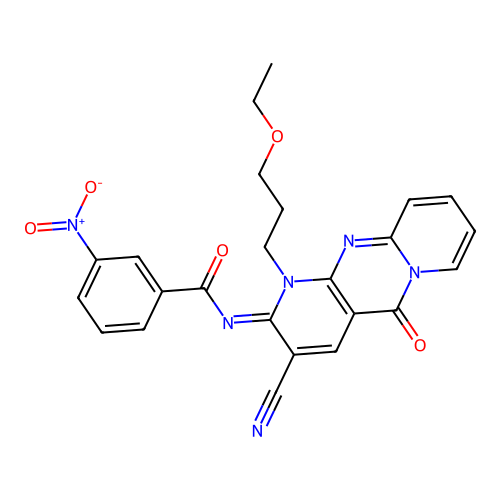 (E)-N-(3-cyano-1-(3-ethoxypropyl)-5-oxo-1H-dipyrido[1,2-a:2',3'-d]pyrimidin-2(5H)-ylidene)-3-nitrobenzamide structure