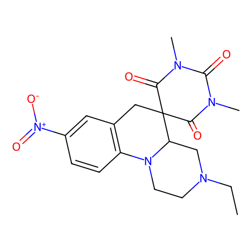 3-ethyl-1',3'-dimethyl-8-nitro-2,3,4,4a-tetrahydro-1H,2'H,6H-spiro[pyrazino[1,2-a]quinoline-5,5'-pyrimidine]-2',4',6'(1'H,3'H)-trione structure