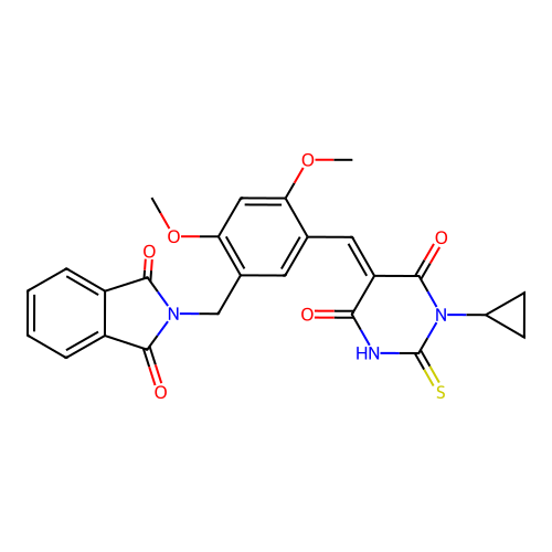 (E)-2-(5-((1-cyclopropyl-4,6-dioxo-2-thioxotetrahydropyrimidin-5(2H)-ylidene)methyl)-2,4-dimethoxybenzyl)isoindoline-1,3-dione structure