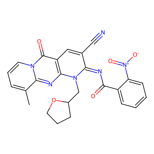 (E)-N-(3-cyano-10-methyl-5-oxo-1-((tetrahydrofuran-2-yl)methyl)-1H-dipyrido[1,2-a:2',3'-d]pyrimidin-2(5H)-ylidene)-2-nitrobenzamide structure