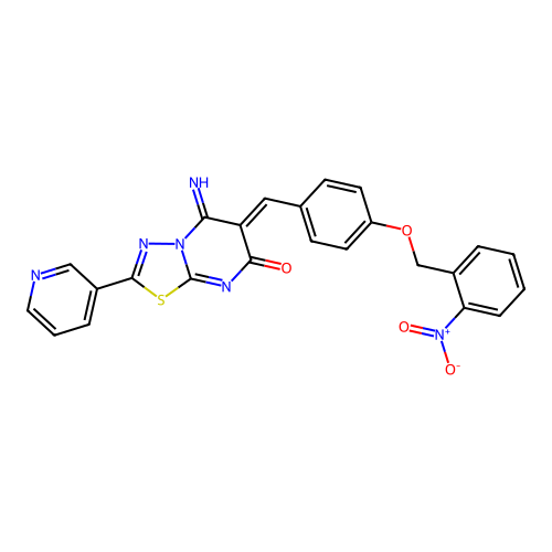 (6Z)-5-imino-6-[[4-[(2-nitrophenyl)methoxy]phenyl]methylidene]-2-pyridin-3-yl-[1,3,4]thiadiazolo[3,2-a]pyrimidin-7-one structure