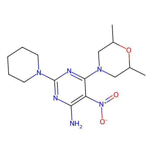 6-(2,6-Dimethylmorpholin-4-yl)-5-nitro-2-(piperidin-1-yl)pyrimidin-4-amine structure