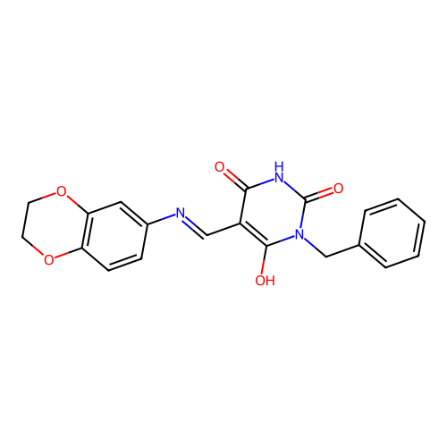 (5E)-1-benzyl-5-[(2,3-dihydro-1,4-benzodioxin-6-ylamino)methylidene]-1,3-diazinane-2,4,6-trione structure