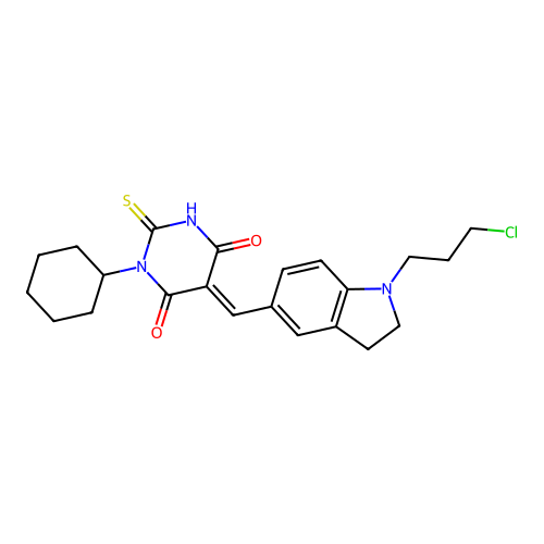 (5E)-5-[[1-(3-chloropropyl)-2,3-dihydroindol-5-yl]methylidene]-1-cyclohexyl-2-sulfanylidene-1,3-diazinane-4,6-dione structure