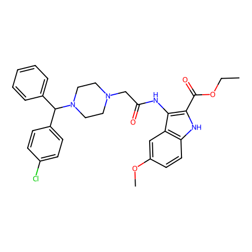 ethyl 3-(2-(4-((4-chlorophenyl)(phenyl)methyl)piperazin-1-yl)acetamido)-5-methoxy-1H-indole-2-carboxylate structure