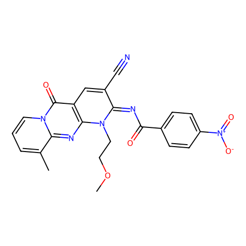 (E)-N-(3-cyano-1-(2-methoxyethyl)-10-methyl-5-oxo-1H-dipyrido[1,2-a:2',3'-d]pyrimidin-2(5H)-ylidene)-4-nitrobenzamide structure