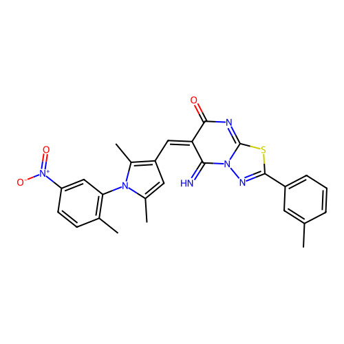 (E)-6-((2,5-dimethyl-1-(2-methyl-5-nitrophenyl)-1H-pyrrol-3-yl)methylene)-5-imino-2-(m-tolyl)-5H-[1,3,4]thiadiazolo[3,2-a]pyrimidin-7(6H)-one structure