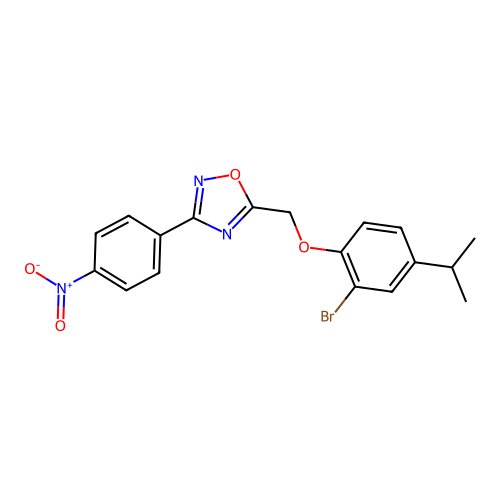 5-{[2-Bromo-4-(propan-2-yl)phenoxy]methyl}-3-(4-nitrophenyl)-1,2,4-oxadiazole structure