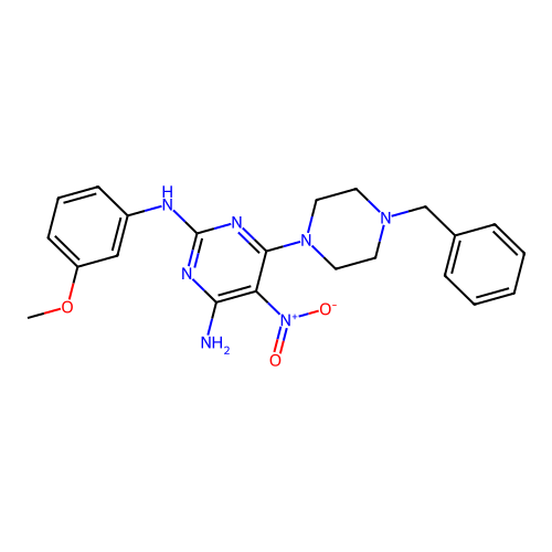 6-(4-benzylpiperazin-1-yl)-2-N-(3-methoxyphenyl)-5-nitropyrimidine-2,4-diamine structure