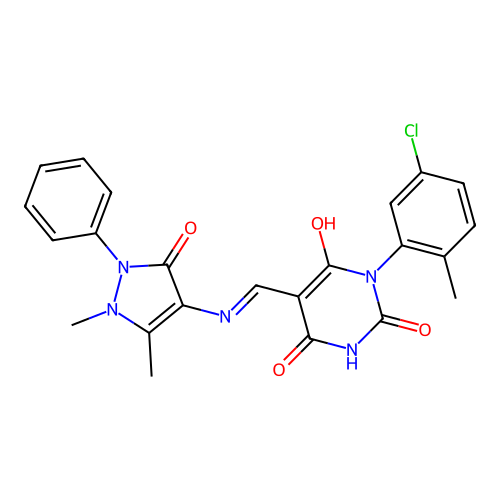 (E)-1-(5-chloro-2-methylphenyl)-5-(((1,5-dimethyl-3-oxo-2-phenyl-2,3-dihydro-1H-pyrazol-4-yl)amino)methylene)pyrimidine-2,4,6(1H,3H,5H)-trione structure