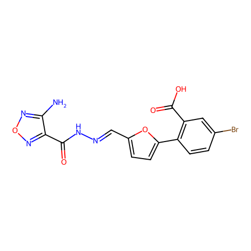 (E)-2-(5-((2-(4-amino-1,2,5-oxadiazole-3-carbonyl)hydrazono)methyl)furan-2-yl)-5-bromobenzoic acid structure