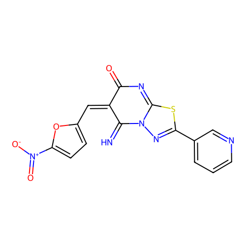 (6E)-5-imino-6-[(5-nitrofuran-2-yl)methylidene]-2-(pyridin-3-yl)-5,6-dihydro-7H-[1,3,4]thiadiazolo[3,2-a]pyrimidin-7-one structure