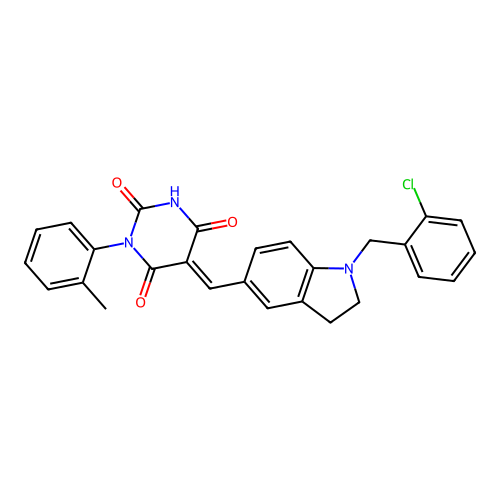 (5E)-5-[[1-[(2-chlorophenyl)methyl]-2,3-dihydroindol-5-yl]methylidene]-1-(2-methylphenyl)-1,3-diazinane-2,4,6-trione structure