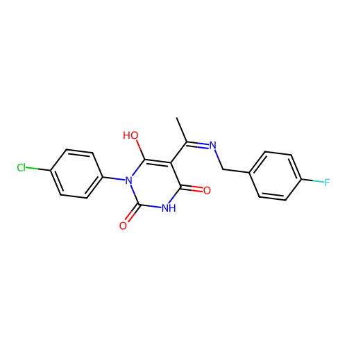 1-(4-chlorophenyl)-5-[1-[(4-fluorophenyl)methylamino]ethylidene]-1,3-diazinane-2,4,6-trione structure