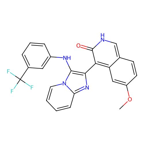 6-methoxy-4-(3-((3-(trifluoromethyl)phenyl)amino)imidazo[1,2-a]pyridin-2-yl)isoquinolin-3-ol structure
