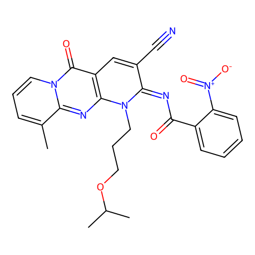 (E)-N-(3-cyano-1-(3-isopropoxypropyl)-10-methyl-5-oxo-1H-dipyrido[1,2-a:2',3'-d]pyrimidin-2(5H)-ylidene)-2-nitrobenzamide structure