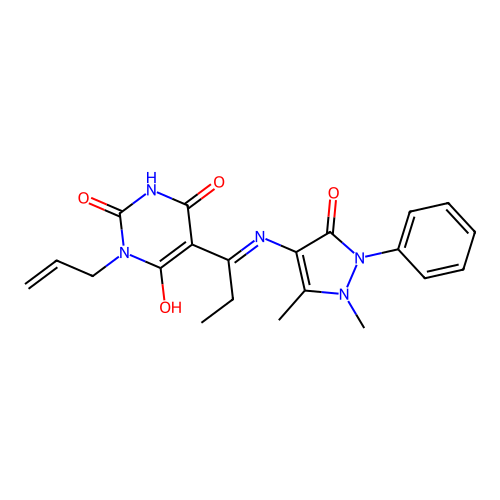 (E)-1-allyl-5-(1-((1,5-dimethyl-3-oxo-2-phenyl-2,3-dihydro-1H-pyrazol-4-yl)amino)propylidene)pyrimidine-2,4,6(1H,3H,5H)-trione structure