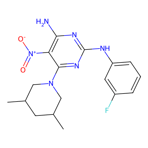 6-(3,5-dimethylpiperidin-1-yl)-2-N-(3-fluorophenyl)-5-nitropyrimidine-2,4-diamine structure