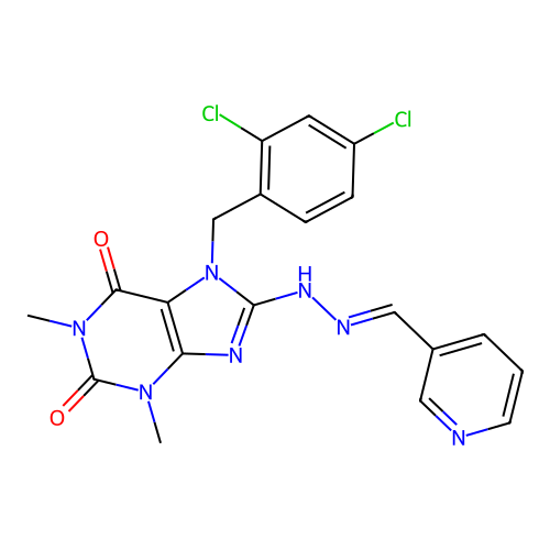 (E)-7-(2,4-dichlorobenzyl)-1,3-dimethyl-8-(2-(pyridin-3-ylmethylene)hydrazinyl)-1H-purine-2,6(3H,7H)-dione structure