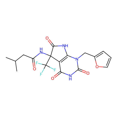 N-(1-(furan-2-ylmethyl)-2,4,6-trioxo-5-(trifluoromethyl)-2,3,4,5,6,7-hexahydro-1H-pyrrolo[2,3-d]pyrimidin-5-yl)-3-methylbutanamide structure